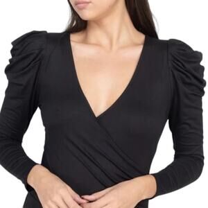 Cynthia Rowley Bodysuit V Neck 3/4 Sleeve Black Slinky One Piece